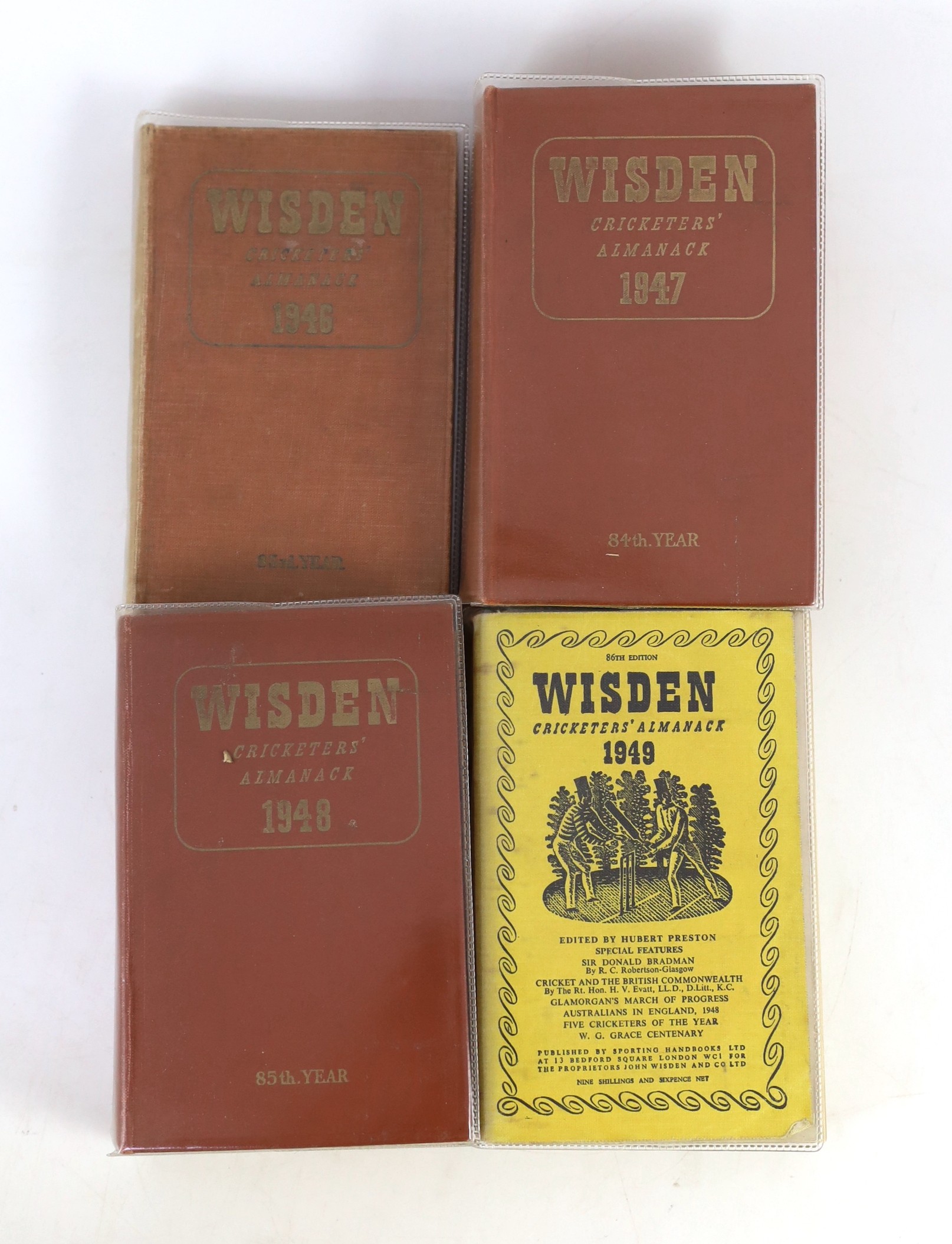 Wisden, John - Cricketers Almanack for the years 1946 (83rd edition) - 1959 (96th edition), original hardbacks for, 1946-49, 1950 and 1952, with original limp cloth wrappers for, 1949, 1953-54, 1956-59, rebound issues fo